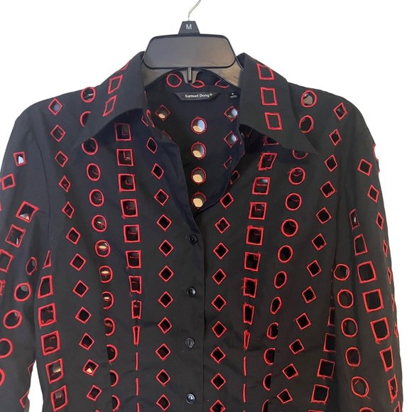Samuel Dong Button Up Shirt Womens Small Black Red Geometric Cutout - Picture 11 of 11